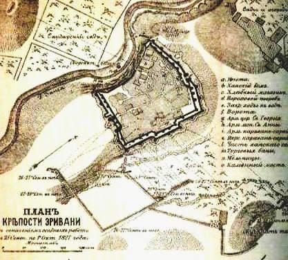 1827-ci il planı (V. Potto): qala, çay və mühasirə səngərləri